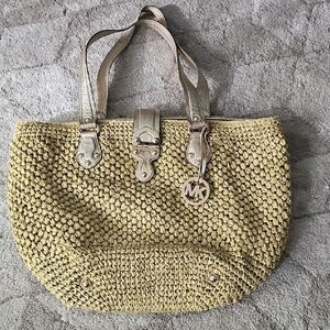 Michael Kors Medium Leather Trimmed Raffia Tote